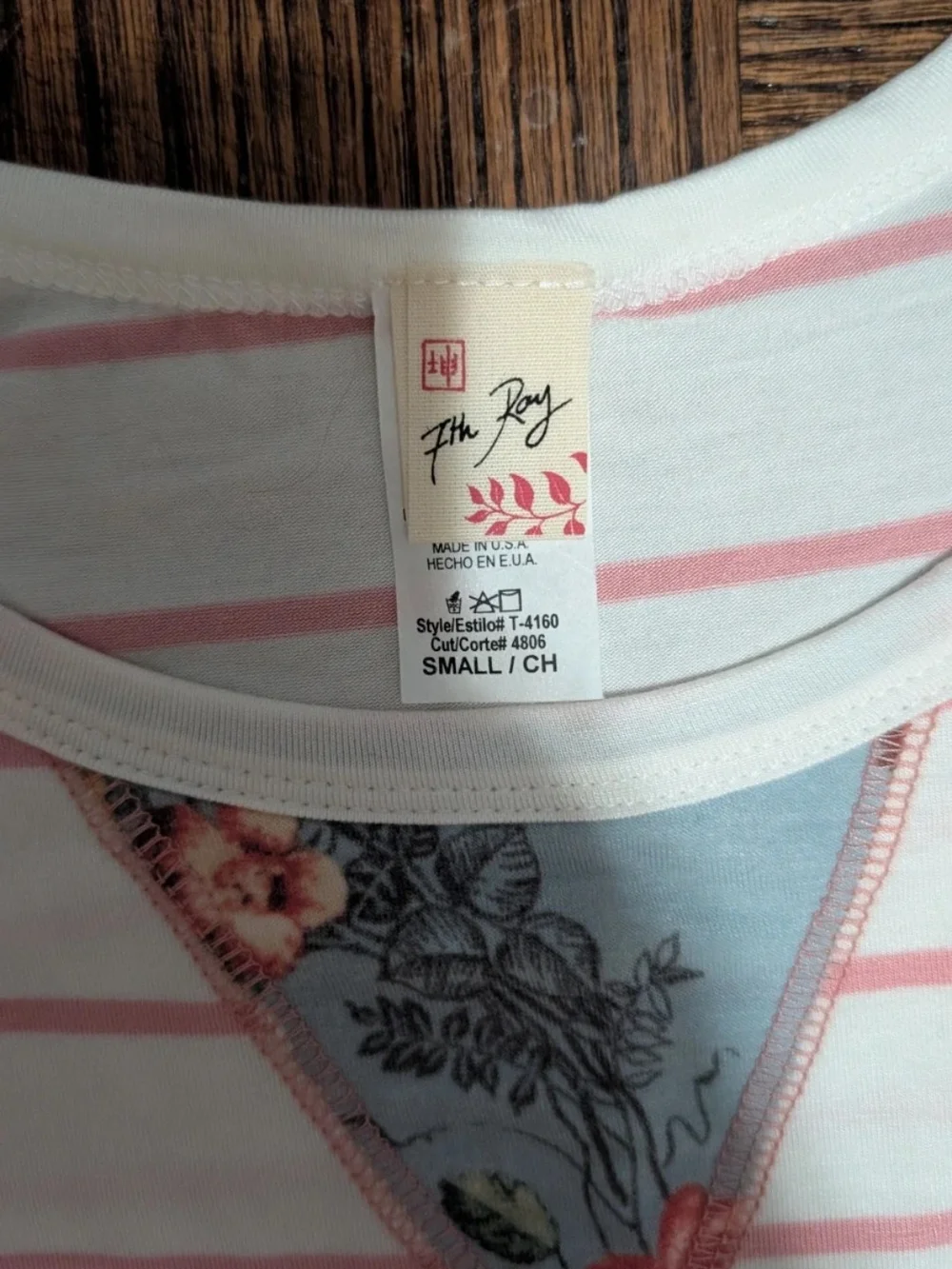 7th Ray White Tee with Pink Stripes and Blue Floral Raglan Sleeves